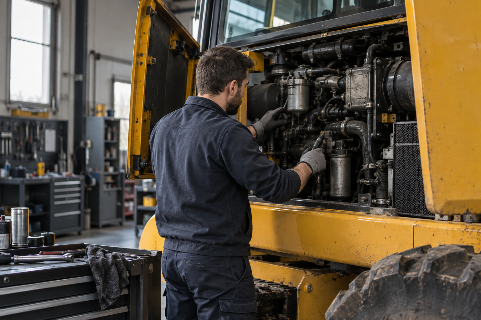 KI-Beispielbild: Mechaniker bei der Wartung einer Baumaschine
